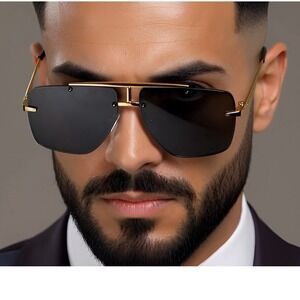 Rimless Sunglasses Mens Fashion Gold Accents Trendy Shield Visor Dark Black Lens